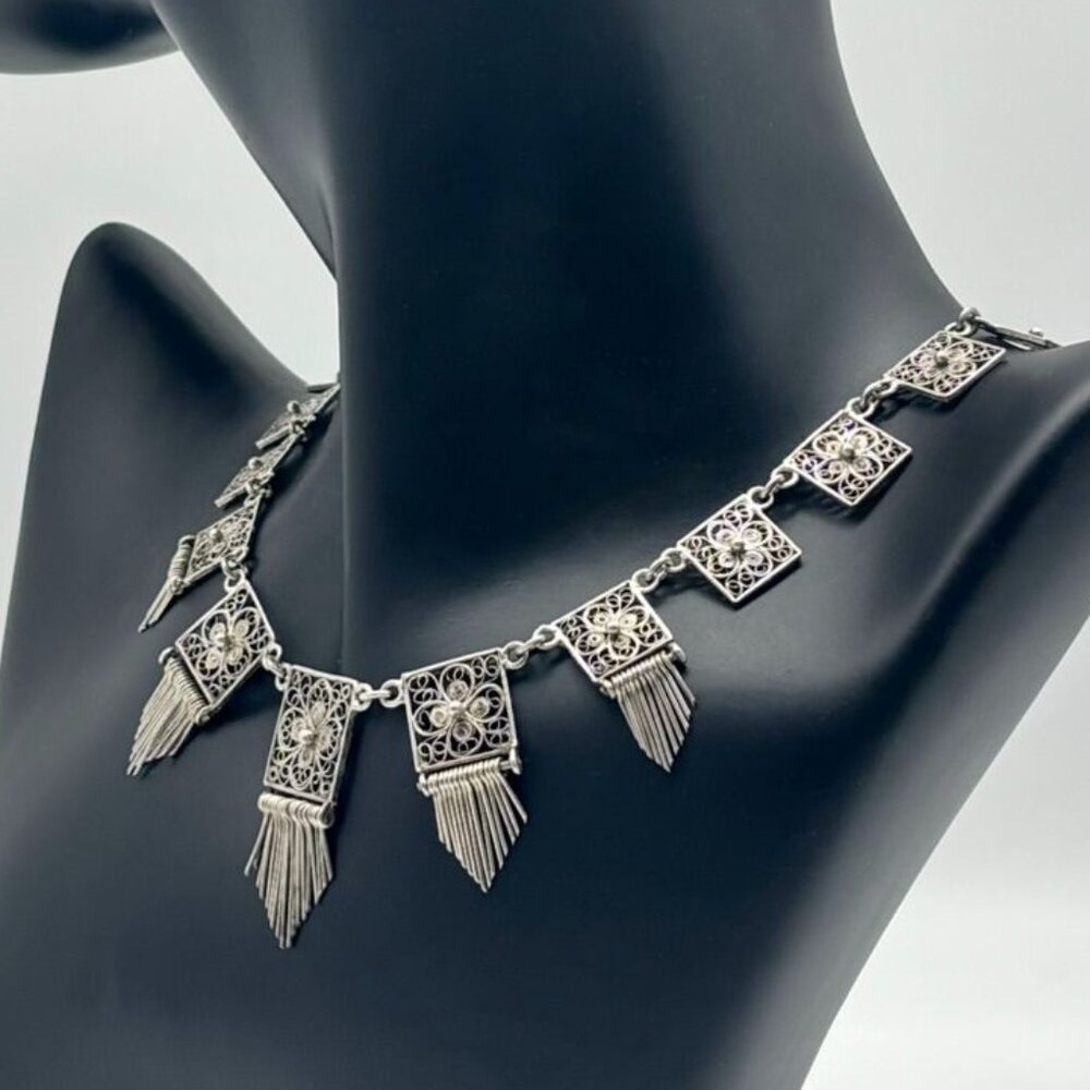 Vintage European Silver Delicate Filigree Squares Components With Dangles Collar - Picture 4 of 13